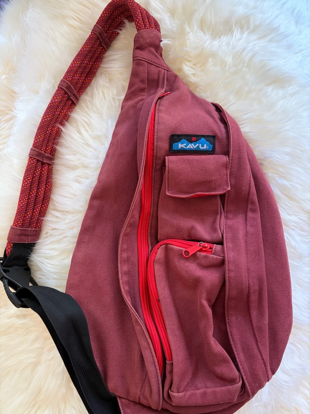 KAVU Original Rope Sling Bag Cotton Canvas Dark Cherry Red Crossbody Backpack